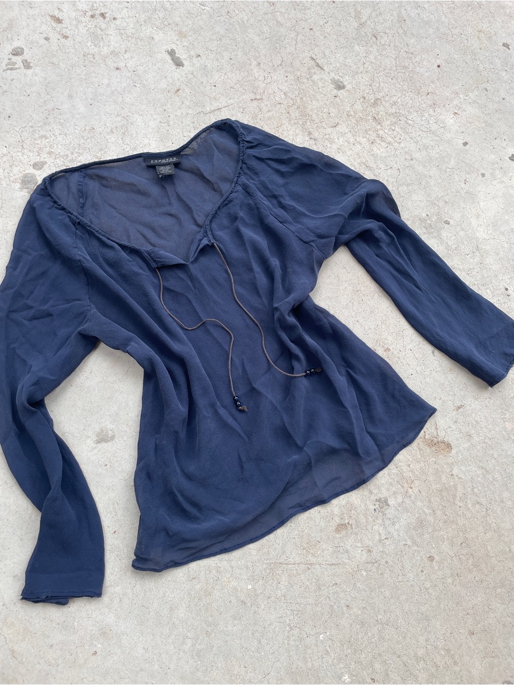 Express RARE Vintage Y2K Silk Tie Navy Peasant Blouse - Picture 2 of 7